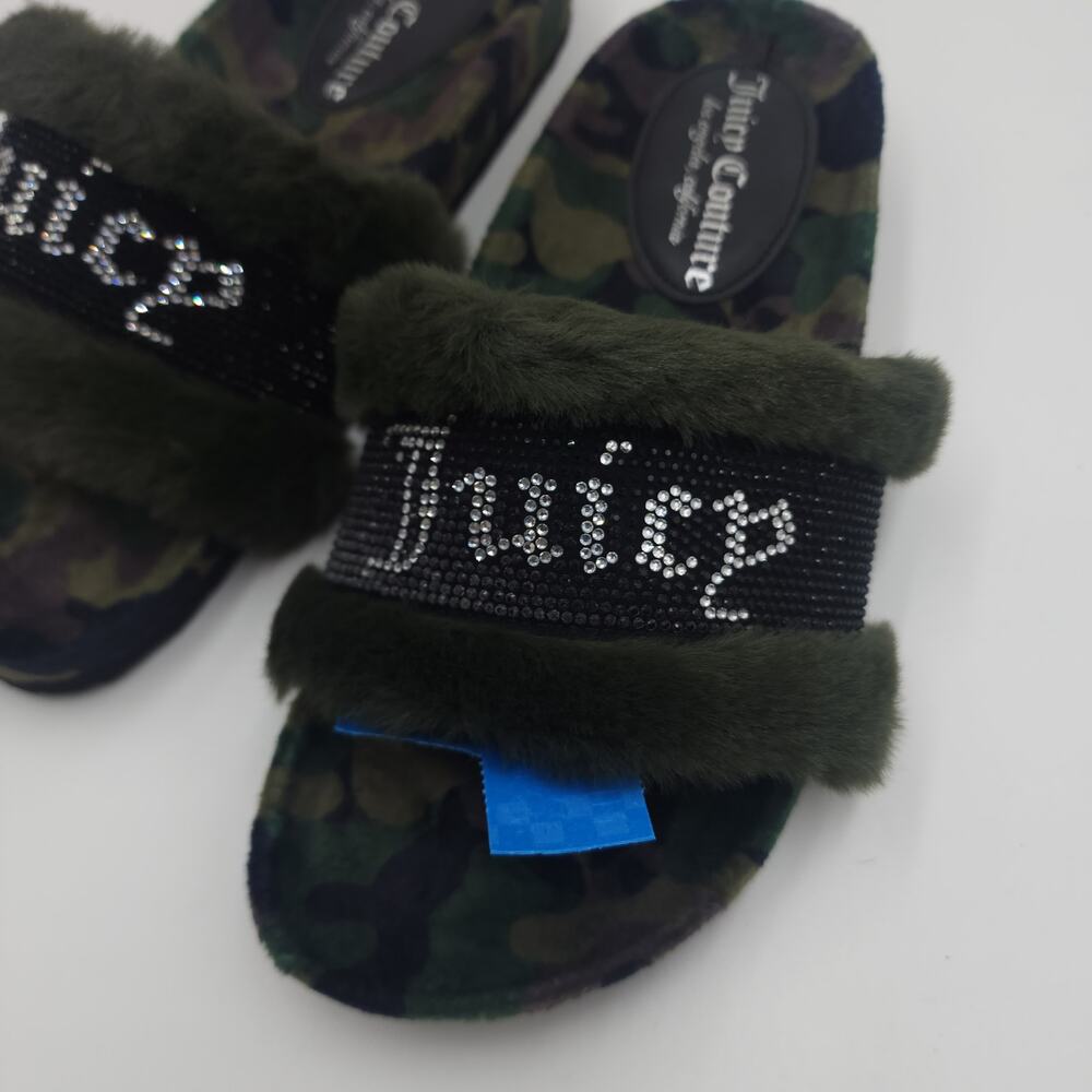 Juicy Couture Slide Slippers Faux Fur JC Siren Green Camo Size 8 - Picture 5 of 9